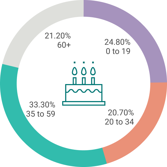 Population Age: 0 to 19 24.8%, 20 to 34 20.7%, 35 to 59 33.3%, 60+ 21.2%